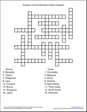 Crossword: Asia Eastern and Southeast Asian Capitals Abcteach