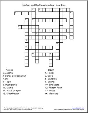 Crossword: Asia – Eastern and Southeast Asian Countries