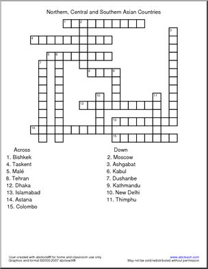 Crossword: Asia North Central and Southern Countries Abcteach