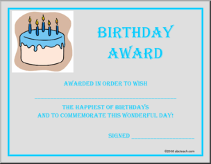 Certificate: Birthday Award (blue cake)