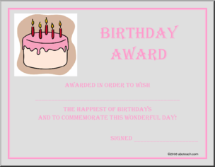 Certificate: Birthday Award (pink cake)