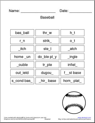 Baseball Terminology Missing Letters