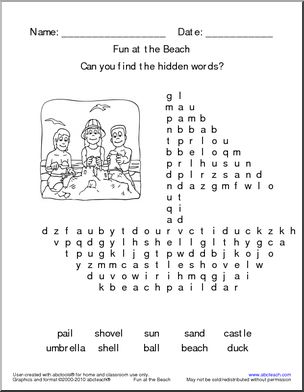 Word Search: Fun at the Beach (very easy) (k-1)