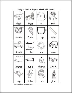 Long and Short U Vowel Sounds – checklist (color) Bingo