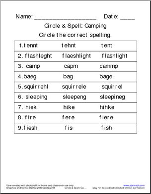Circle and Spell: Camping Theme (easy) (primary)