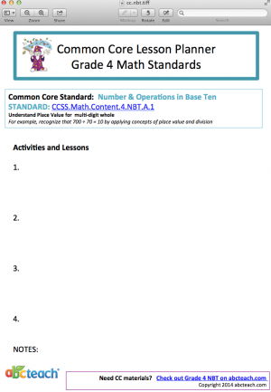 Common Core: Math Lesson Planner – Numbers & Operations in Base Ten (grade 4)