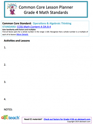 Common Core: Math Lesson Planner – Operations & Algebraic Thinking (grade 4)