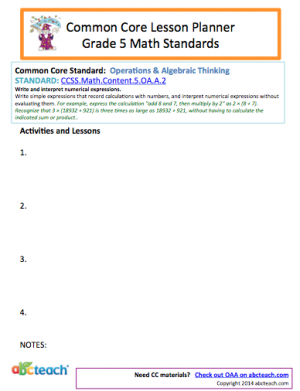 Common Core: Math Lesson Planner – Operations & Algebraic Thinking – (grade 5)