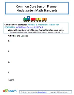 Common Core: Math Lesson Planner – Numbers and Operations in Base Ten (kdg)