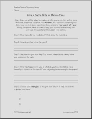 Common Core: Writing – Using a Text to Write an Opinion Piece (grade 4)