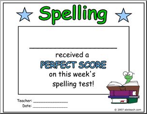 Certificate: Spelling – Perfect Score – version 1 (color)