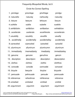 Frequently Misspelled Words (list 9) Circle and Spell