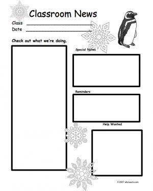 Classroom Newsletter: Winter Theme Penguin (b/w)