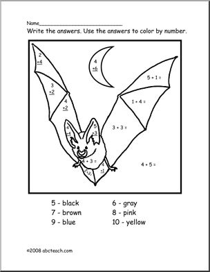 Bat (primary) Color by Number Addition