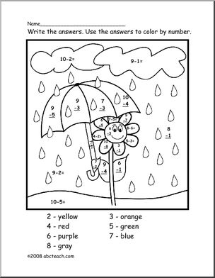 April Showers (primary/elem) Subtraction Solve & Color