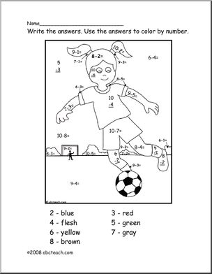 Soccer Player (primary/elem) Color by Number Subtraction