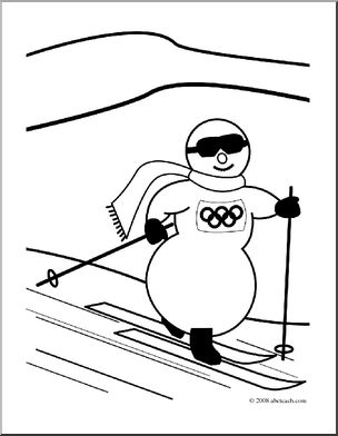 Clip Art: Cartoon Olympics: Snowman Cross Country Skiing (coloring page)