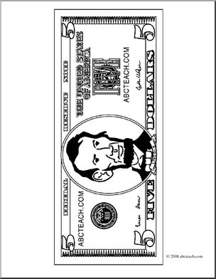 Clip Art: Five Dollar Bill Outline Front (coloring page)