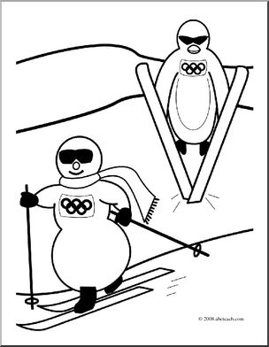 Clip Art: Cartoon Olympics: Penguin Nordic Combined (coloring page)
