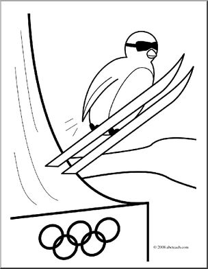 Clip Art: Cartoon Olympics: Penguin Ski Jumping (coloring page)