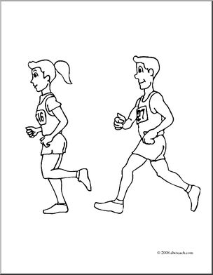 Clip Art: Kids: Running a Race (coloring page)