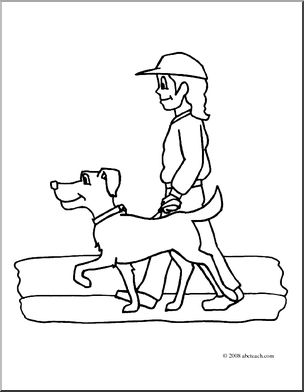 Clip Art: Kids: Chores: Walking the Dog (coloring page)