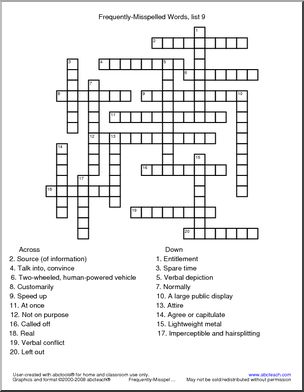 Frequently Misspelled Words (list 9) Crossword
