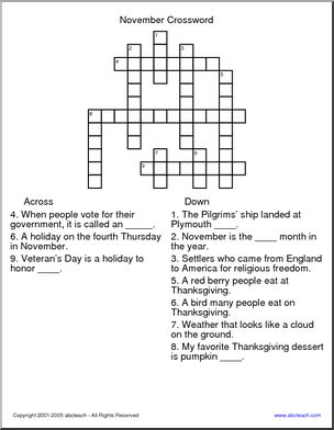 Crossword: November (elementary)