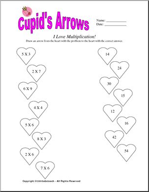 Multiplication – Cupid’s Arrow (primary/elem) Worksheet