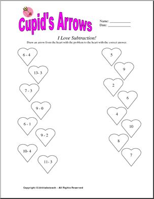 Worksheet: Cupid’s Arrow – Subtraction (primary)