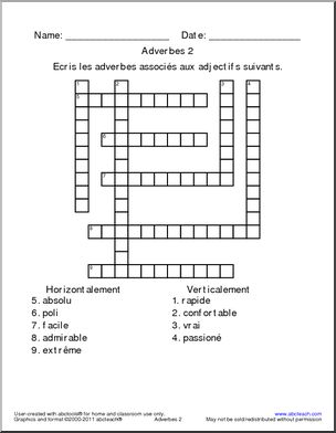 French: Crossword: Convert Adjectives to Adverbs–Vowels