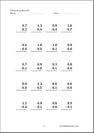 Decimal Subtraction (set 2) Worksheet