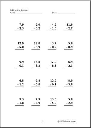 Decimal Subtraction -up to 20 (set 3) Worksheet