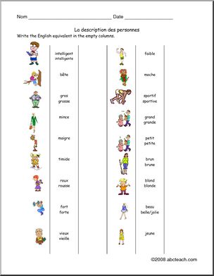 French: Worksheet, la description des personnes – Abcteach