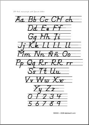 Spanish: Chart – Manuscript Letters Aa -Zz (DN-style font) with arrows