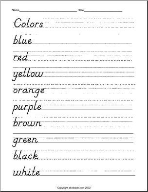 Handwriting Practice: Color Words -manuscript (DN-style font)