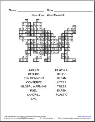 Word Search: Think Green (whale shape)