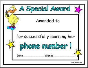 Certificate: Learning Phone Number (version 2a) (preschool)