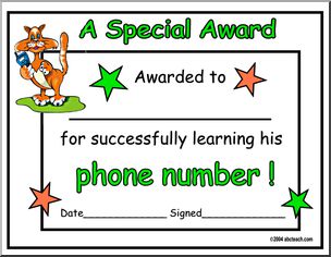 Certificate: Learning Phone Number (version 3) (preschool)
