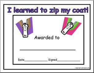 Certificate:  I learned to zip my coat! (preschool/primary)