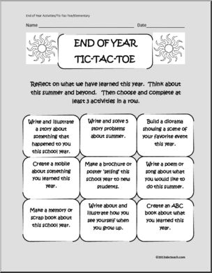 Summer Writing – End of Year Tic-Tac-Toe Activity