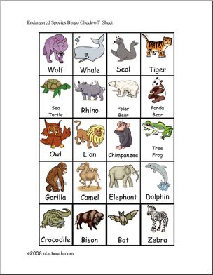 Bingo Cards: Endangered Animals (primary/elem) – check sheet Ã±color