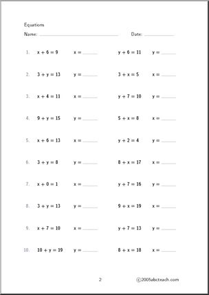 Algebra Equations (set 2) Worksheet