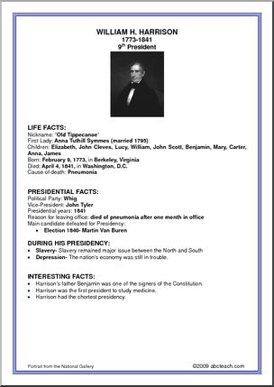 Fact Card:  9th President – William Harrison