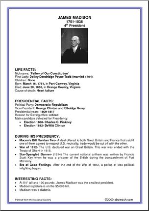 Fact Card: 4th President – James Madison – Abcteach