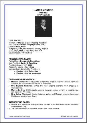 Fact Card:  5th President – James Monroe