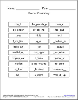 Soccer Vocabulary Missing Letters
