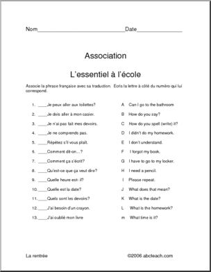 French: Match essential classroom expressions