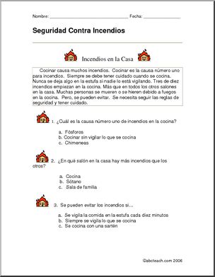 Spanish:   ComprensiÃ›n de texto – Cuidado con los incendios (elementaria)