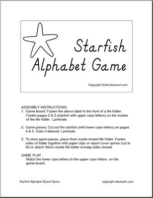 Board Game: Alphabet Starfish  (DN-Style Font) (preschool) b/w